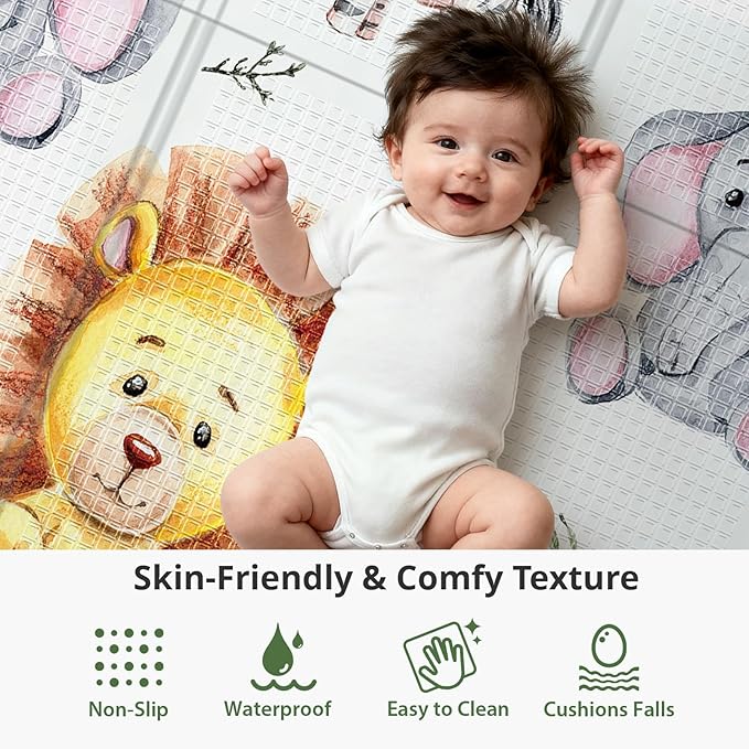 71x59 Foldable Baby Play Mat for Floor, Foam Playmat for Babies 0-12 Months, Kids Non Toxic Thick, Waterproof & Anti-slip Crawling Toddlers Mats, Babies Activity Tummy Time Playmat, Lion,71x59