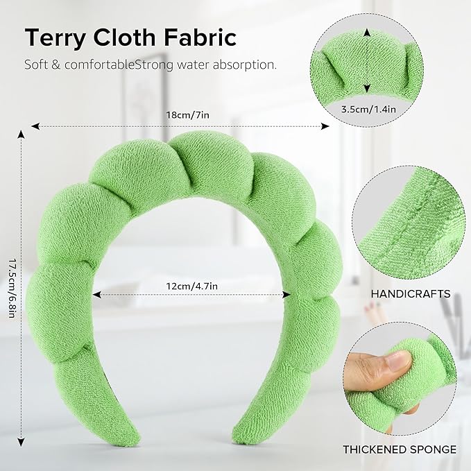 2 Count Hairband, Set of 2 - Thick, Soft, Plush, Absorbent Terry Cloth Spa Headbands for Washing Face or Facial - Puffy Makeup Headbands for Face Washing, Mask, Skin Treatment