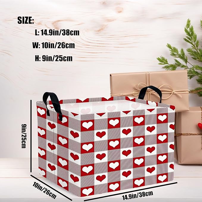 ASKETAM Valentine's Day Basket for Gifts Empty Cute Heart Large Gift Basket Decorative Storage Bin for Kid and Baby Room Décor (Deep Red Checkered Heart)