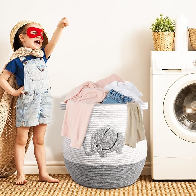 Large Baby Laundry Basket, Gray Laundry Hamper for Baby, Toy and Blanket Storage Basket, Cotton Rope Baskets for Organizing 17"x15.7"