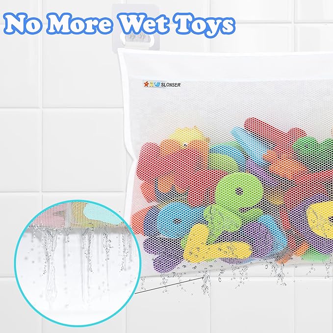 Bath Toy Net 18x16 Inch Bath Tub Toy Holder Mesh Bag, Baby Bathtub Storage Organizer, Quick Dry Bathroom Bucket Bin, Toddler Shower Caddy Hanging Basket, 4 Heavy Duty Adhesive Wall Hooks