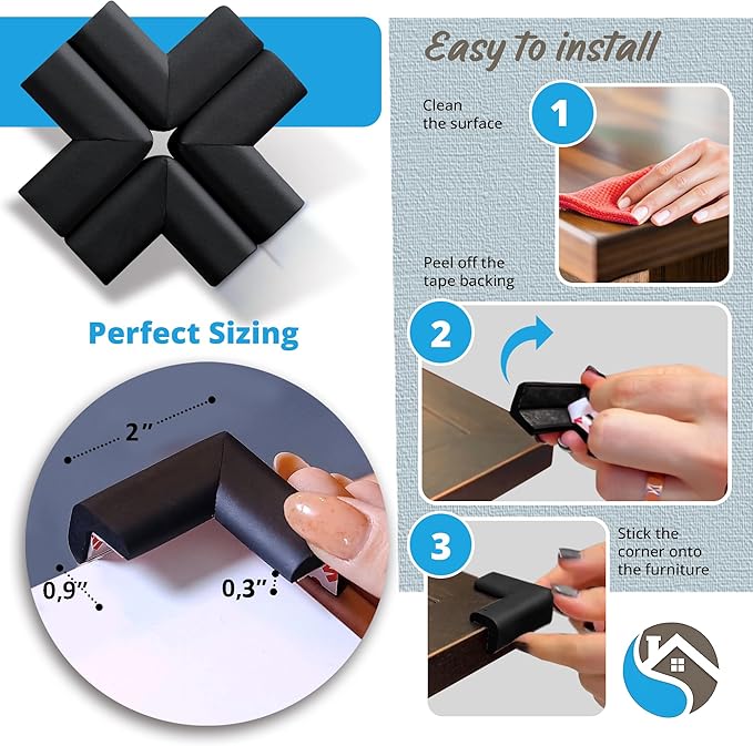 12-Pack Corner Protectors Baby Proof, Furniture Corner and Edge Safety Bumpers, Soft Rubber Foam Cushion Covers, 3M Taped Corner Guards, Baby Child Proofing Pads, Table Corner Protectors, Black