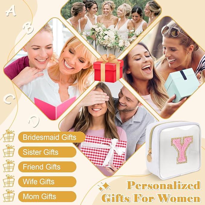 Personalized Initial Letter Clear Preppy Makeup Bag,Mini Nylon Chenille Letter Cosmetic Bag Cute Zipper Pouch Purse for Teen Girls,Portable TSA Approved Beach Travel Essentials Bag Gift for Women,Y