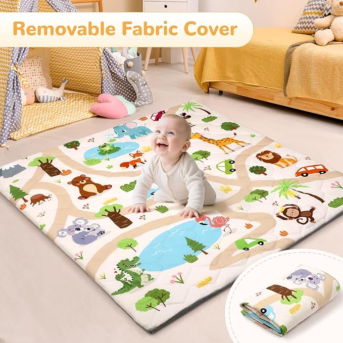 Baby Play Mat Toddler Playpen Mat 50 x 50 inch, Removable-Washable Cover,Extra Thick Foam Padding,Non-Slip Crawling Cushion for Infants, Toddlers & Babies Tummy Playing Time