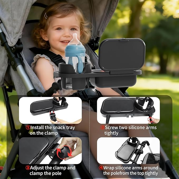 Universal Stroller Snack Tray, Compatible with Nuna Uppababy Mockingbird, Stroller Snack Tray Attachment with Cup Holder, Detachable Silicone Tray for Easy Clean, Toddler Snacking On The Go