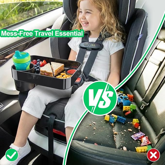 (2 Pack) Car Seat Tray for Kids Travel, Carseat Tray for Food Toddler, Car Seat Table Tray, Car Seat Cup Holder Snack Tray for Graco, Evenflo, Chicco, Rotatable Removable Family Road Trip Essentials