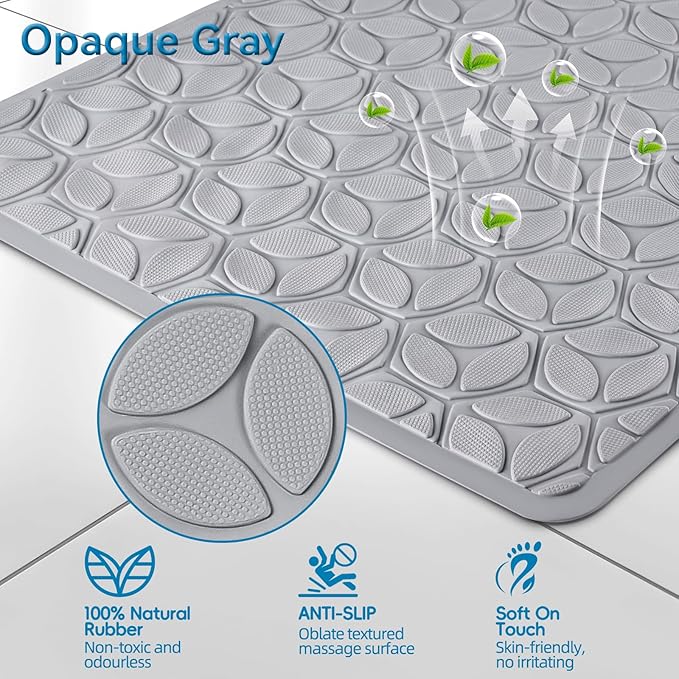 Bathtub Mat Non Slip with Suction Cups - 100% Rubber Bathroom Mat Textured for Bath Tub Shower Safety - Soft on Touch - BPA/PVC Free - Pet Dog Bath Mat - Machine Washable - 16 × 28 Inch（Gray）
