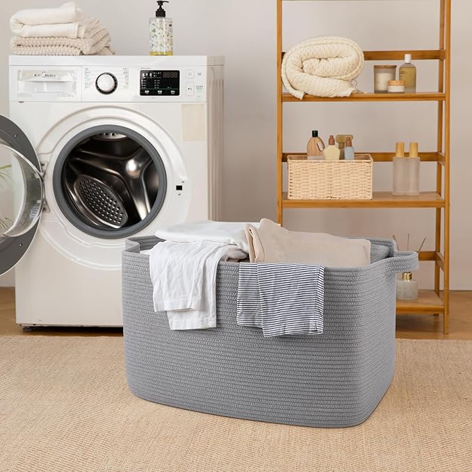 SIXDOVE 95L Large Storage Basket, Cotton Rope Woven Blanket Basket, Nursery Storage for Baby Room, Living Room, 24" x 16.9" x 14.2", Light Grey