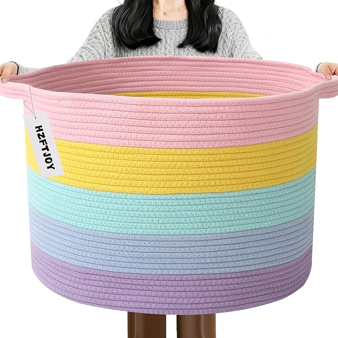 Large Storage Basket with Handle,23.6" x 23.6" x 15.7" Blanket Basket Storage Bins for Organizing,115L Cotton Rope Woven Baskets for Living Room, Nursery,Bedroom,Colorful