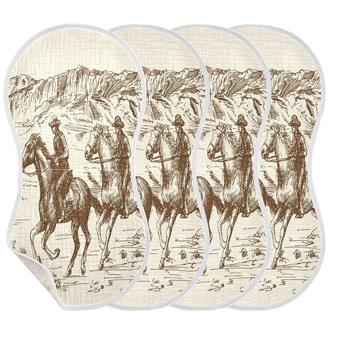 Muslin Baby Burp Cloths Set of 4, Soft Absorbent Western Desert Cowboy Muslin Washcloths, Bibs, Face Towel for Newborn Boys Girls, 22 x 11 Inch