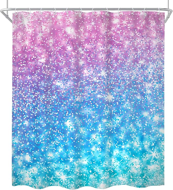 Kids Ombre Teal Shower Curtain 60Wx72H (Not Glitter) Colorful Turquoise Purple Shower Curtain for Girl Women Rainbow Polka Dots Mermaid Not Sparkle Pink Bathroom Decor Fabric with 12 Hook