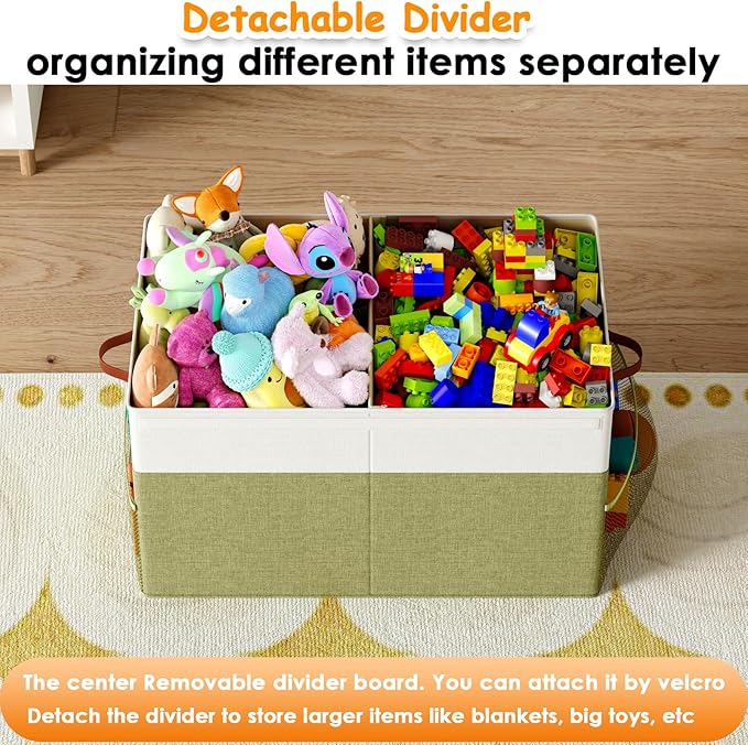 Fineonly Large Toy Storage Box with Lid Upgraded Toy Storage Chest Organizer with Divider Foldable Toy Bin for Kids Boys Girls Playroom Nursery Bedroom (25"x13"x16")