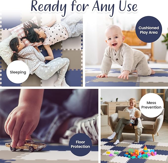 16 Tiles with Borders | 12" x 12" Baby Play Mat Foam Puzzle Floor Tiles | Non-Toxic Soft Waterproof Interlocking EVA Playmat for Nursery Playroom Playpen Toddler Tummy Mat