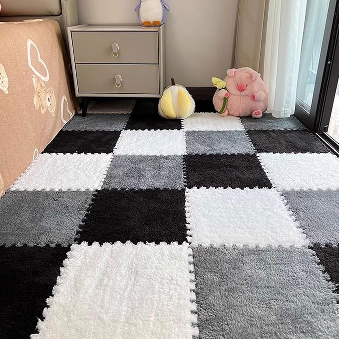 12pcs Plush Puzzle Foam Floor Mat, Cute Soft Fluffy Interlocking Square Foam Tiles Area Rugs Carpet for Parlor Bedroom Decor(11.8x11.8x0.4in, Grey&White&Black)