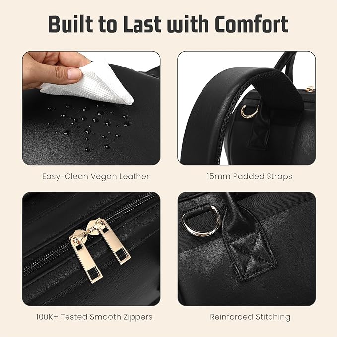 ROSEGIN Premium Vegan Leather Diaper Bag Backpack with Waterproof Changing Pad – Reinforced Stitching & Zippers, Baby Bag for Boy Girl, Stroller Straps, Ergonomic Design for Traveling Moms, Black