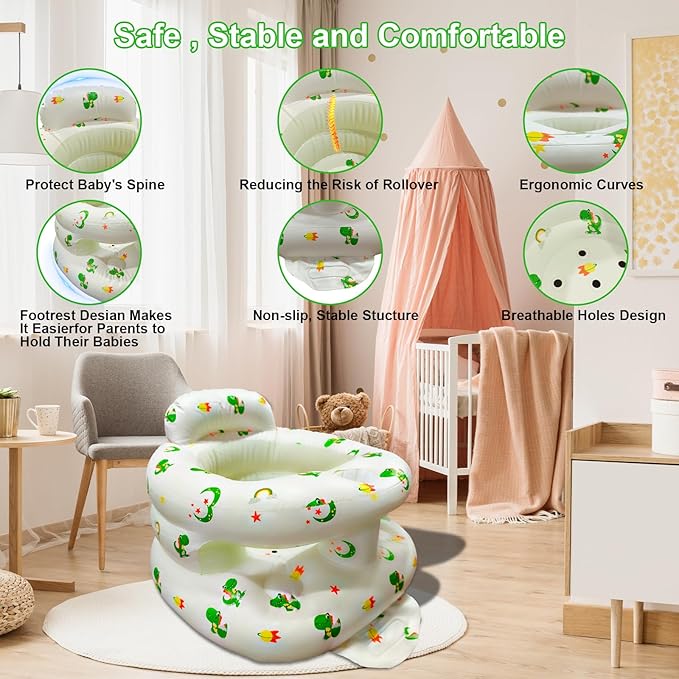 Inflatable Baby Seat for Babies 3-36 Months, Baby Chair with Fence & Built in Air Pump, Blow Up Floor Seat with Back Support, Inflatable Infant Chair Sit Me Up for Home, Travel Green Dinosaur