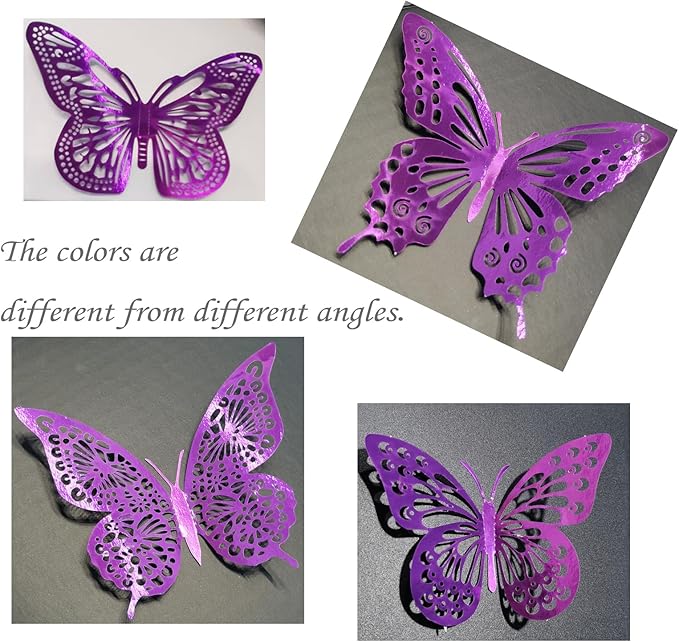 JOSDIOX 3D Puple Butterfly Wall Stickers - 48 Pcs with 4 Styles & 3 Sizes, Removable Decor for Party Birthday Wedding Cake Balloon Decoration (48 Puple)
