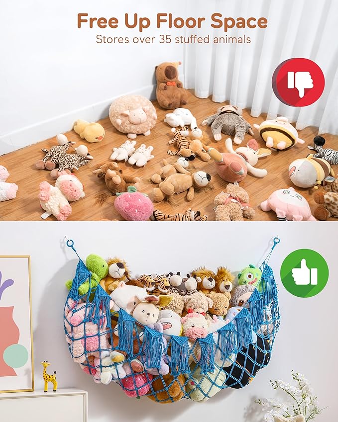 Boho Macrame Stuffed Animal Hammock with LED Lights – Large Wall Hanging Plushie Net, Corner Toy Organizer for Kids Bedroom, Nursery, Playroom & Dorm (Blue XXL)