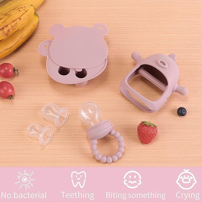 Baby Fruit Feeder & Breastmilk Popsicle Mold Set – 3 Pack Silicone Teething Relief Kit with Food Feeder Pacifier, Freezer Tray with Lid & Baby Teether (Blush)