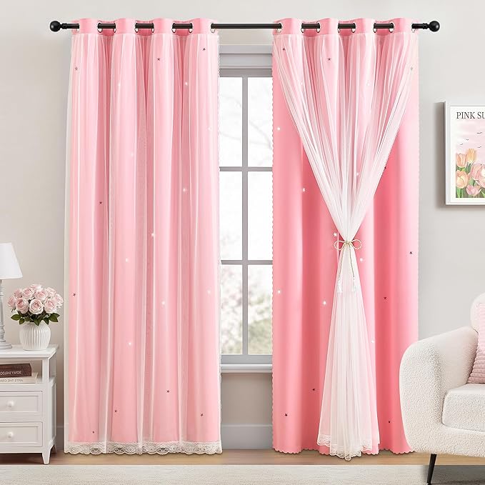 XiDi Pink Curtains for Bedroom Decor, Baby Pink Kids Blackout Curtains for Girls Room, Princess Unicorn Wall Decor Set of 1 Panel, Pink34/120/1