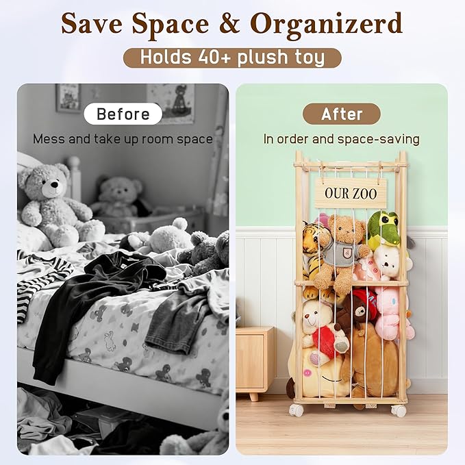 Edudif Stuffed Animal Storage Zoo, Wooden Stuffed Animal Organizer with Removable Wheels & 5-Row Elastic Cords, Space-Saving Plush Toy Storage Holder for Playroom, Bedroom, Nursery