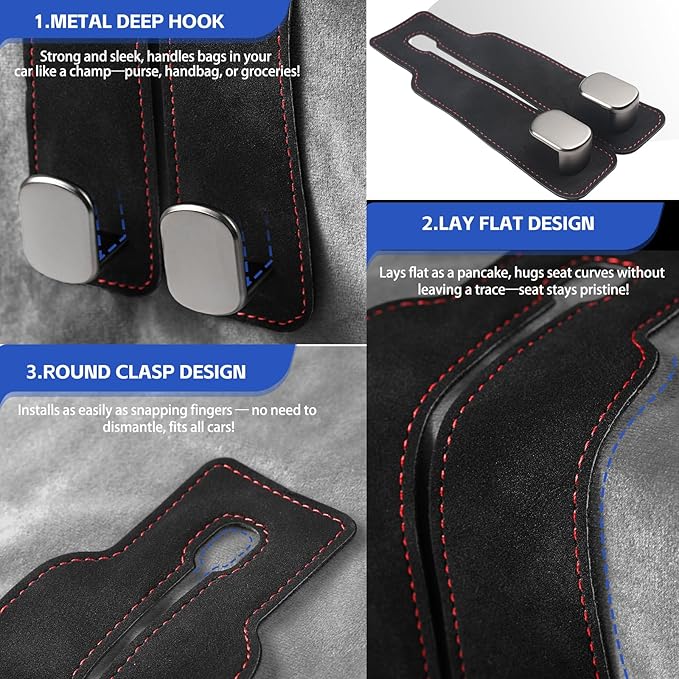 4 Pcs Car Headrest Hooks, Multi-Functional Purse and Bag Holder, Double Hook Seat Organizer for Car, Adjustable Car Storage Hooks for Easy Organization, Durable Car Accessories (Black)