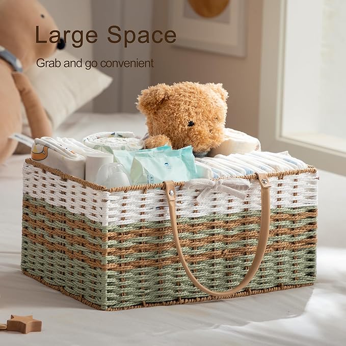 HBlife Large Baby Diaper Caddy Organizer, Paper Rope Storage Baskets Nursery Bin with Removable Divider, Portable Car Organizer for Diapers, Baby Shower Gifts, Newborn Essentials Must Haves