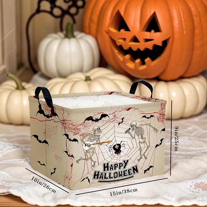 ASKETAM Halloween Basket Gift Terror Ghost Parties Decor Kid Trick or Treat Basket for Boys and Girls Rectangular Storage Bin Box (Skeleton Bat)