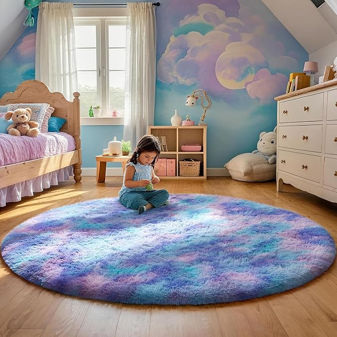 Ophanie Area Rugs for Bedroom Living Room,Color Rainbow Purple,Size 5',Shape Round