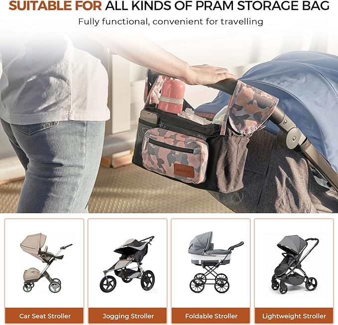 WUUTER Stroller Organizer with Cup Holder Detachable Wristlet Large Capacity Baby Stroller Bag for Mom, Fits Uppababy, Baby Jogger, Britax, BOB, More (Multicolor)