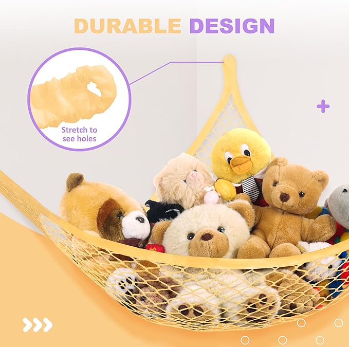 Lazebox Stuffed Animal Net Hammock for Plushie Toys, Stuffed Animal Hammock Corner for Kids' Room Decor, Ideas for Organizing Stuffy Collection, Yellow, L (67" x 40" x 40")-Pack of 1