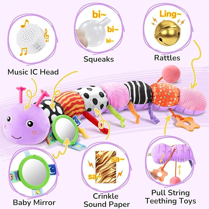 Baby Toys 6-12 Months Music Caterpillar,Stuffed Animals Infant Toys 0-3-6 Months,Teething Sensory Toys Tummy Time with Mirror Crinkle Rattle&Pull String for Boys Girls Gifts Birthday|Purple