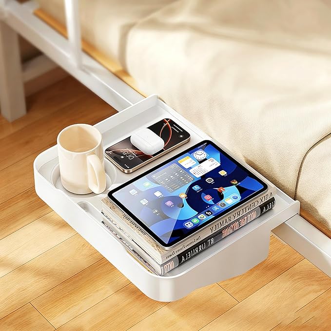 Blissfuhue Bedside Caddy for Dorm Bed - Clip On Nightstand with Cup Holder, Floating Bed Side Table Tray Storage,College Dorm Room and Kids Room Essentials,Blending Decor and Storage （White）