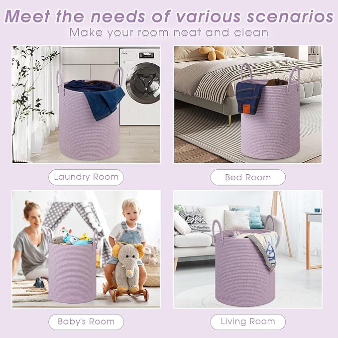 Girl Laundry Basket,Laundry Hamper,15''x18'' Cotton Rope Storage Basket for organizing,Tall Woven Blanket Basket for Living Room,Nursery Hamper,Baby Toy Laundry Bin (Light purple)