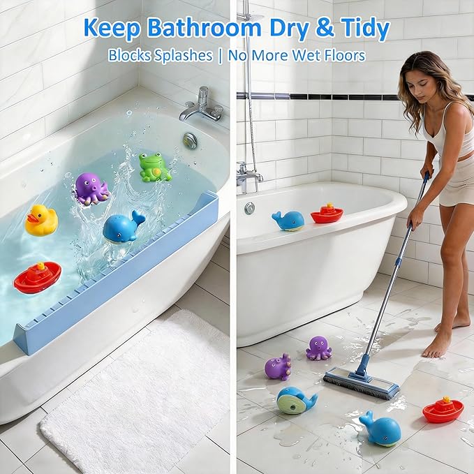 Bathtub Splash Guard for Kids - 31 Inch Silicone Tub Side Shelf with Strong Suction Cups, Toy Tray Holder to Prevent Water Spills, Keep Bathroom Dry (Light Blue)
