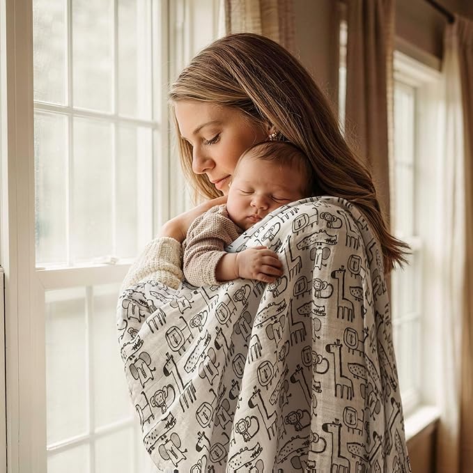 Muslin Swaddle Blankets for Newborn, 4 Pack Cotton Baby Blankets, Large 31.5 x 43.3 inch Breathable Soft Receiving Blanket, Essentials Swaddle Wrap Burping Clothes, Grey Animals