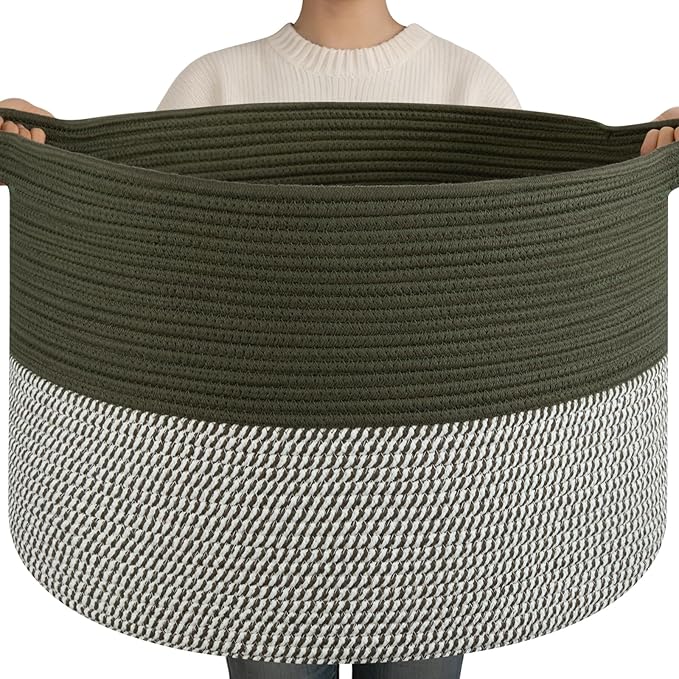 OIAHOMY 90L XXXLarge Blanket Basket for Living Room, 21.7" x 13.8" Woven Cotton Rope Laundry Basket for Organizing Pillows, Decorative Stuffed Animal Toy Storage for Nursery, Green and Grey