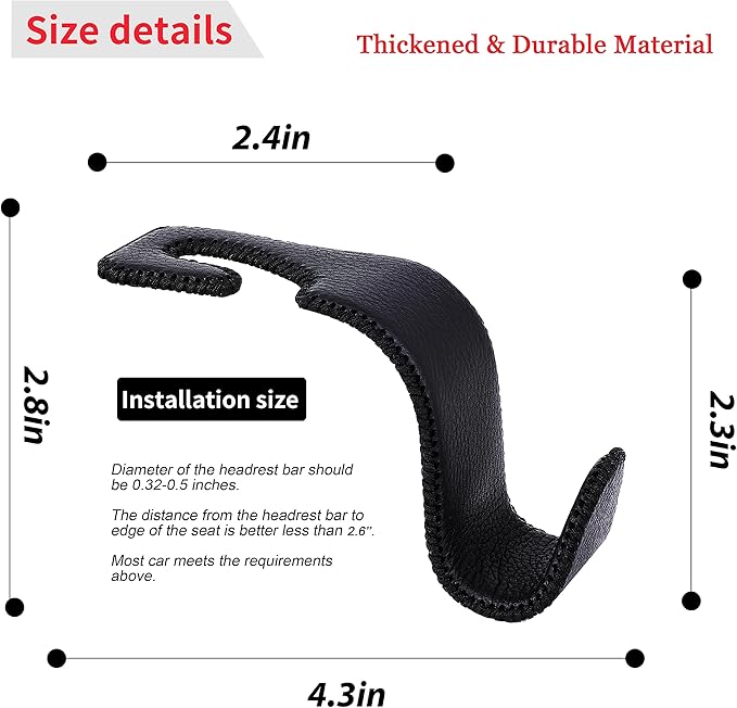 Amooca Car Seat Headrest Hook Universal Vehicle Storage Hanger Leather with Metal Car Seat Back Organizer for Handbag Purse Coat Black 4 Pack