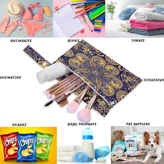 visesunny Golden Paisley Pattern 2Pcs Wet Bag with Zippered Pockets Washable Reusable Diaper Bag for Travel,Beach,Pool,Daycare,Stroller,Diapers,Dirty Gym Clothes, Wet Swimsuits, Toiletries