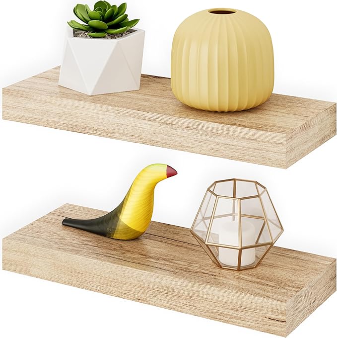 Ballucci Floating Shelves, 16" Wood Wall Shelf Set of 2, Invisible Brackets Floating Shelf Bathroom Wall Decor, Living Room, Bedroom, Kitchen, Nursery, 6" Deep, Natural Oak