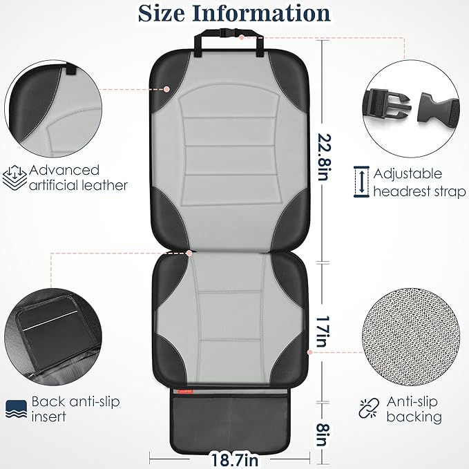 Sinvitron Car Seat Protector for Child Car Seat - Waterproof Non-Slip Leather Mat with 2 Mesh Pockets, Universal Seat Cover for Baby, Pets & Vehicles(2-Pack, Grey)