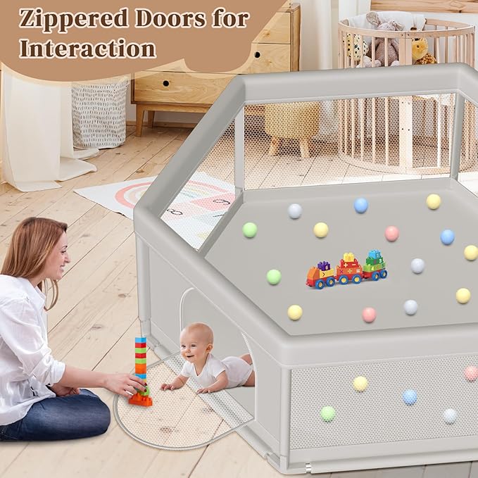 Hiaksedt Large Baby Playpen 65x65 Inch, PlayPen for Babies and Toddlers Hexagonal Type Baby Play Yards for Indoor & Outdoor with Breathable Mesh Anti-Fall