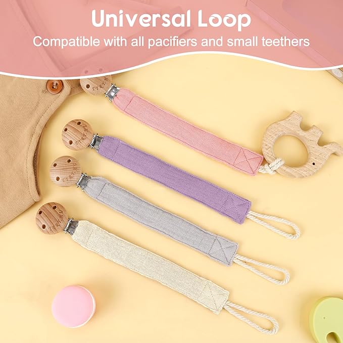 TYRY.HU Ribbon Pacifier Clip Holder,4 Pack Binky Paci Holder Clips, Pacifier Leash, Soft Webbing Strap Universal Fits for Most Pacifier, Styles(Cream,Grey,Rose,Purple)