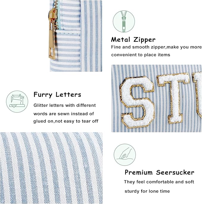 uekeboag Seersucker Chenille Letter Stuff Meds RX Makeup Bag, Travel Washable Purse Organizer with Zipper, Lightweight Toiletry Cute Personalized Preppy Cosmetic Bag For Women and Girls(3pcs Blue)