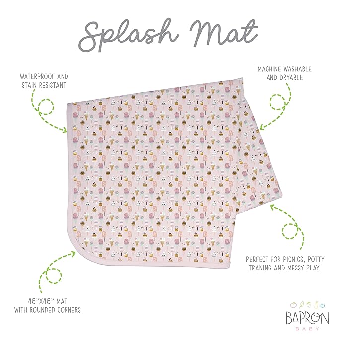 BapronBaby Pink Ice Cream Splash Mat - Waterproof Catch-All for Under High Chairs, Floors, Tables, Playtime or Arts & Crafts - Machine Washable - 45" x 45”