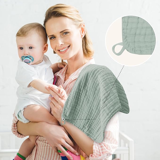 12 Pack Muslin Burp Cloths - Large 20" x 10", Ultra Absorbent 100% Cotton for Baby Drool and Messes - Soft, Gentle Baby Burp Rag for Boys & Girls -Green