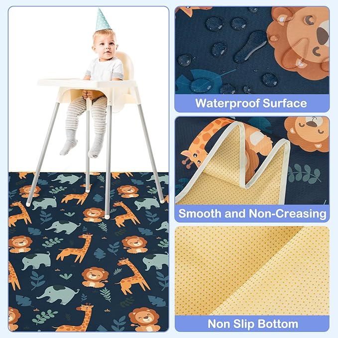 Basumee Splat Mat High Chair Mat Waterproof Baby Play Splat Mat for Under High Chair Food Catcher Highchair Mat for Floor Non Slip Bottom, Dark Blue Giraffe, 46x42 Inches