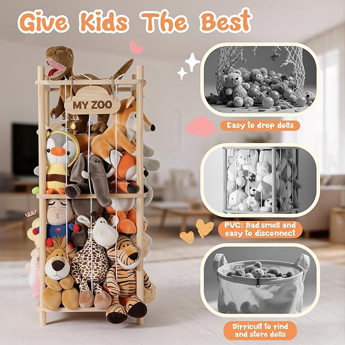 LAMU Stuffed Animal Storage Zoo, Wooden Stuffed Animals Organizer & Holder for Kids with Elastic Cords, Space Saving Plushies Toy Organizer, Easy to Setup Plush Toy Cage for Playroom Bedroom Nursery