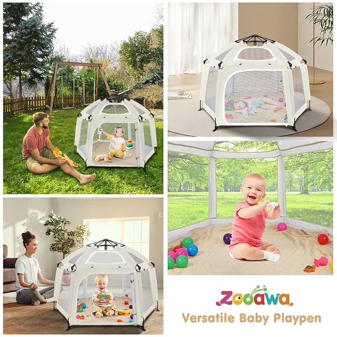 Zooawa Pop Up Playpen for Baby, Portable Playpen for Babies and Toddlers with Removable Sun-Shades& 2 Side UV Covers, Lightweight Outdoor Baby Play-Pen for Beach Home with Travel Bag, Beige
