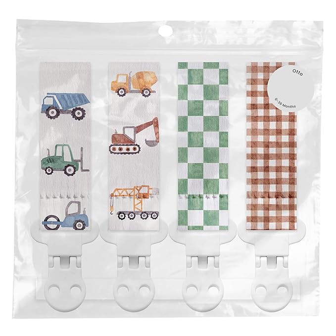 Stadela Baby Fabric Pacifier Clip Holder, Plastic Clip, 4‑Pack, Construction Pattern, Otto Set
